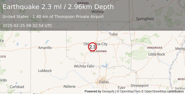 Earthquake 3 km WNW of Bridge Creek, Oklahoma (2.3 ml) (2025-02-25 08:32:54 UTC)