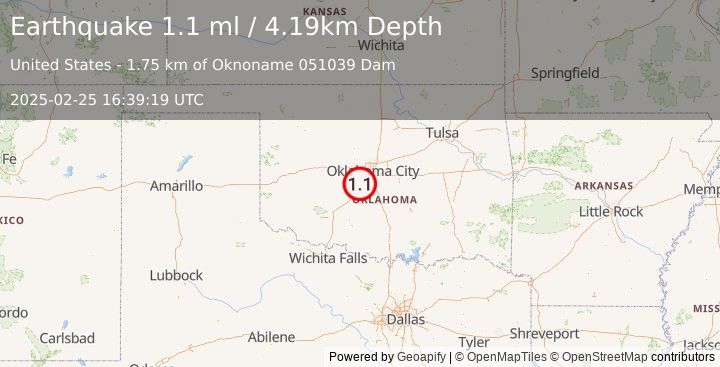 Earthquake 5 km S of Tuttle, Oklahoma (1.1 ml) (2025-02-25 16:39:19 UTC)