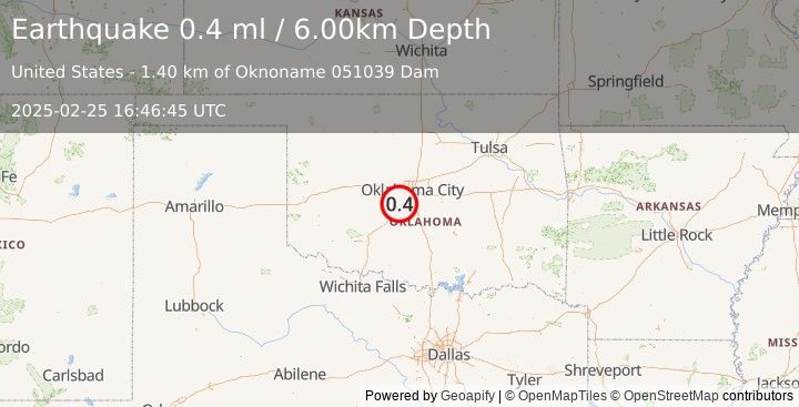 Earthquake 3 km WNW of Bridge Creek, Oklahoma (0.4 ml) (2025-02-25 16:46:45 UTC)