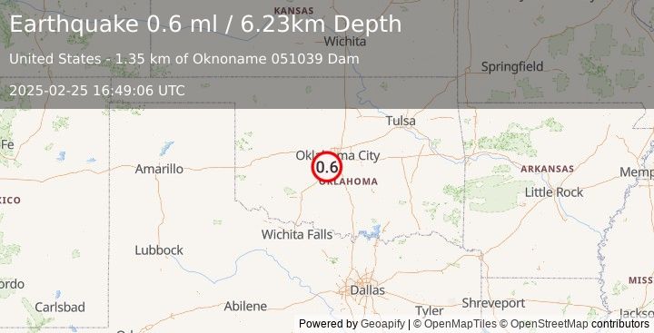 Earthquake 3 km WNW of Bridge Creek, Oklahoma (0.6 ml) (2025-02-25 16:49:06 UTC)