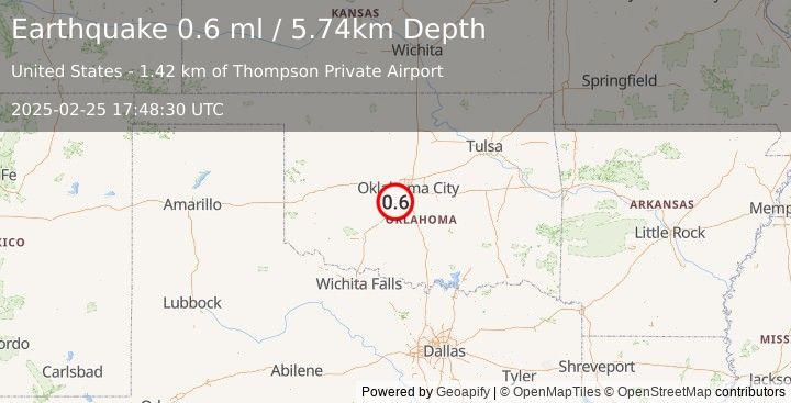 Earthquake 3 km WNW of Bridge Creek, Oklahoma (0.6 ml) (2025-02-25 17:48:30 UTC)