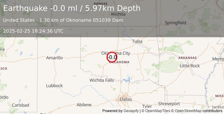 Earthquake 3 km WNW of Bridge Creek, Oklahoma (-0.0 ml) (2025-02-25 18:24:36 UTC)