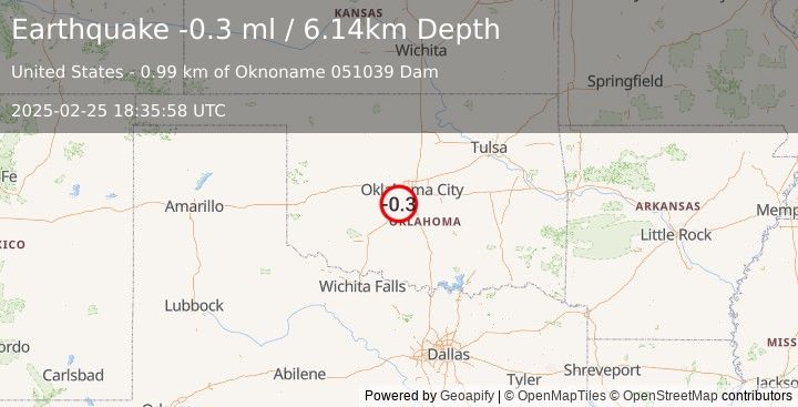 Earthquake 3 km WNW of Bridge Creek, Oklahoma (-0.3 ml) (2025-02-25 18:35:58 UTC)