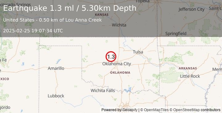 Earthquake 3 km NNE of Kingfisher, Oklahoma (1.3 ml) (2025-02-25 19:07:34 UTC)