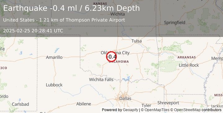 Earthquake 3 km WNW of Bridge Creek, Oklahoma (-0.4 ml) (2025-02-25 20:28:41 UTC)