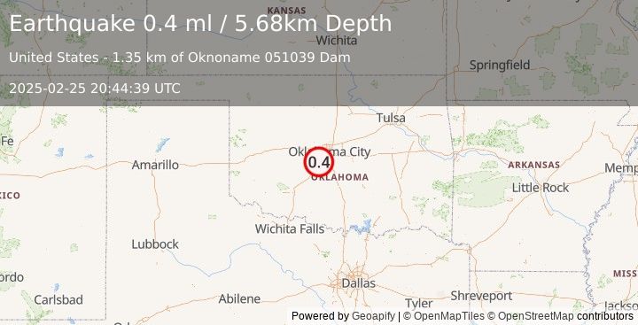 Earthquake 3 km WNW of Bridge Creek, Oklahoma (0.4 ml) (2025-02-25 20:44:39 UTC)