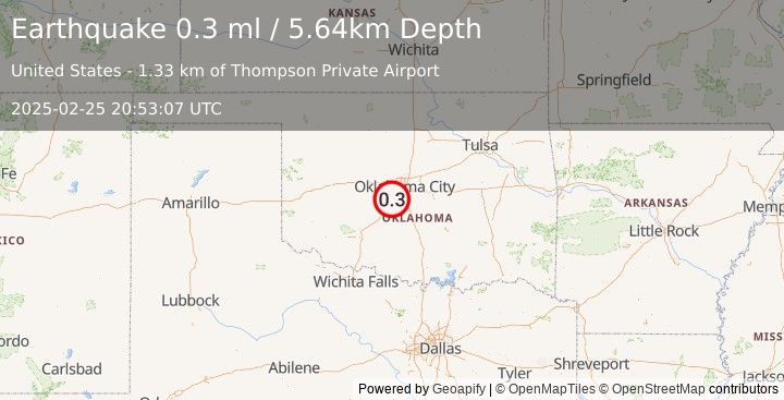 Earthquake 3 km WNW of Bridge Creek, Oklahoma (0.3 ml) (2025-02-25 20:53:07 UTC)