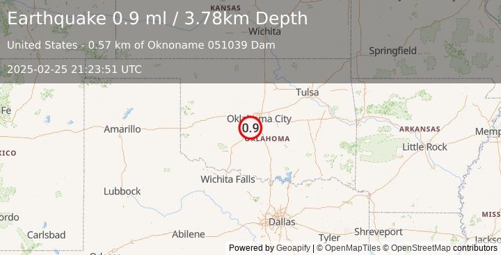 Earthquake 4 km W of Bridge Creek, Oklahoma (0.9 ml) (2025-02-25 21:23:51 UTC)