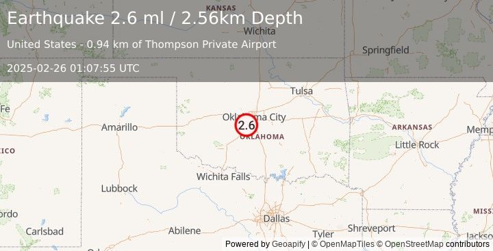 Earthquake 2 km WNW of Bridge Creek, Oklahoma (2.6 ml) (2025-02-26 01:07:55 UTC)