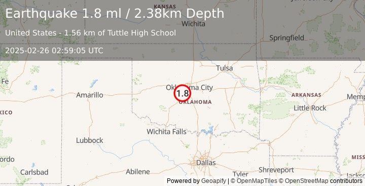 Earthquake 2 km S of Tuttle, Oklahoma (1.8 ml) (2025-02-26 02:59:05 UTC)