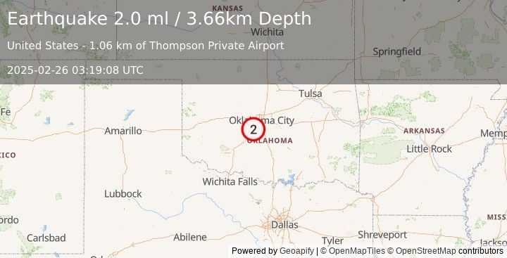 Earthquake 3 km WNW of Bridge Creek, Oklahoma (2.0 ml) (2025-02-26 03:19:08 UTC)