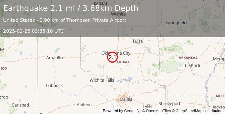 Earthquake 1 km WNW of Bridge Creek, Oklahoma (2.1 ml) (2025-02-26 03:35:10 UTC)