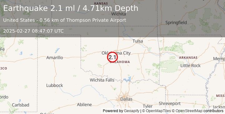 Earthquake 2 km W of Bridge Creek, Oklahoma (2.1 ml) (2025-02-27 08:47:07 UTC)