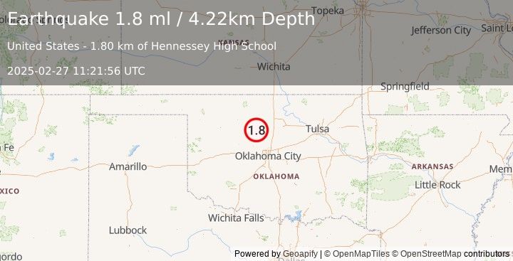 Earthquake 2 km E of Hennessey, Oklahoma (1.8 ml) (2025-02-27 11:21:56 UTC)