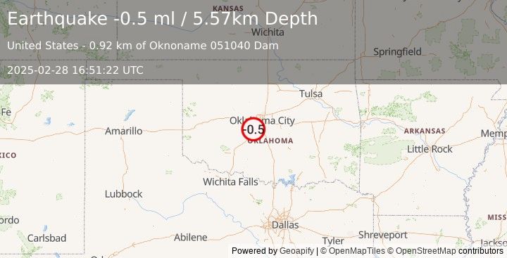 Earthquake 4 km WNW of Bridge Creek, Oklahoma (-0.5 ml) (2025-02-28 16:51:22 UTC)