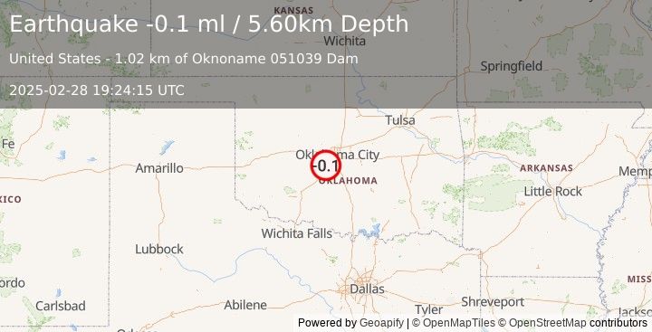 Earthquake 5 km W of Bridge Creek, Oklahoma (-0.1 ml) (2025-02-28 19:24:15 UTC)