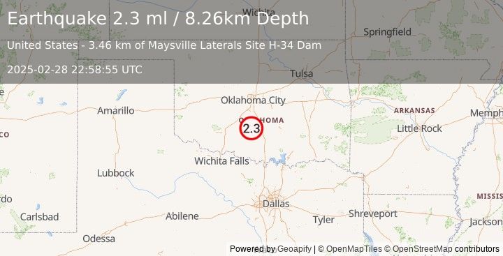 Earthquake 7 km SSE of Erin Springs, Oklahoma (2.3 ml) (2025-02-28 22:58:55 UTC)