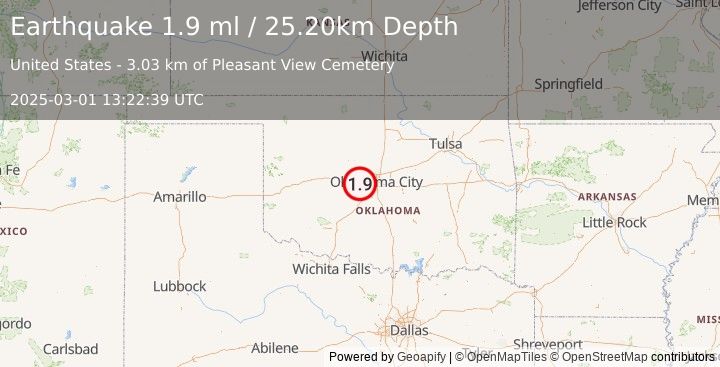 Earthquake 7 km NE of Union City, Oklahoma (1.9 ml) (2025-03-01 13:22:39 UTC)