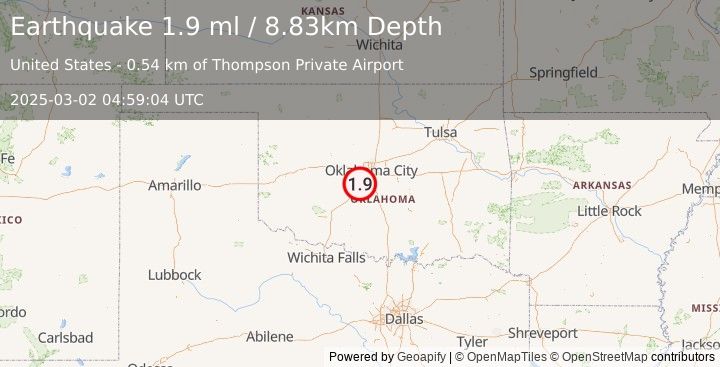 Earthquake 2 km W of Bridge Creek, Oklahoma (1.9 ml) (2025-03-02 04:59:04 UTC)