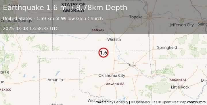 Earthquake 12 km SSE of Waldron, Kansas (1.6 ml) (2025-03-03 13:58:33 UTC)