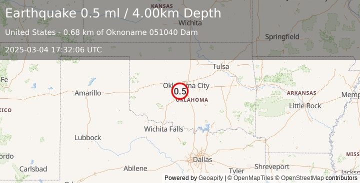 Earthquake 4 km SSE of Tuttle, Oklahoma (0.5 ml) (2025-03-04 17:32:06 UTC)