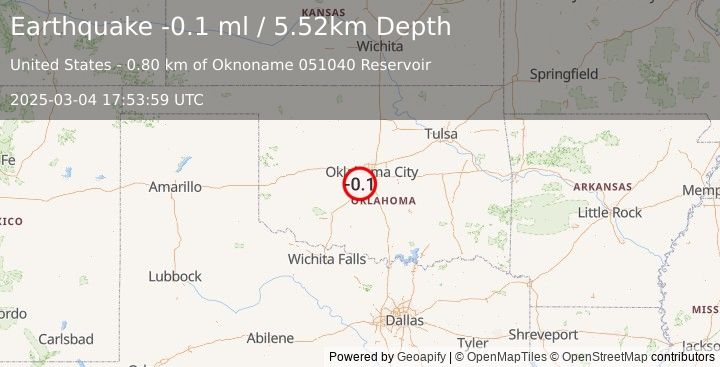 Earthquake 4 km NW of Bridge Creek, Oklahoma (-0.1 ml) (2025-03-04 17:53:59 UTC)