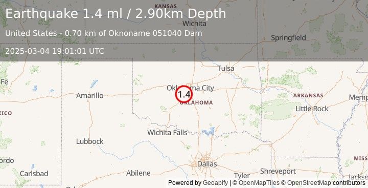 Earthquake 4 km SSE of Tuttle, Oklahoma (1.4 ml) (2025-03-04 19:01:01 UTC)