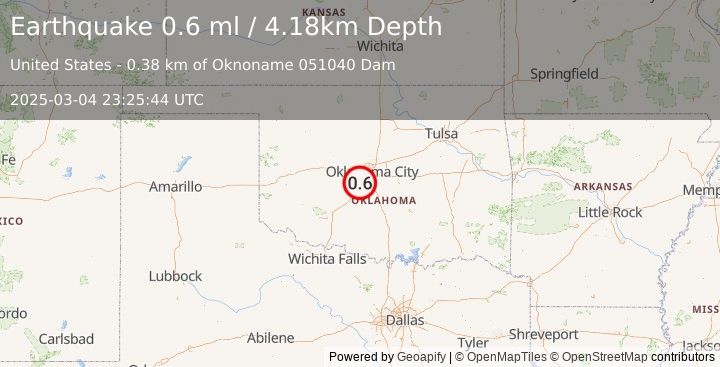 Earthquake 4 km SE of Tuttle, Oklahoma (0.6 ml) (2025-03-04 23:25:44 UTC)