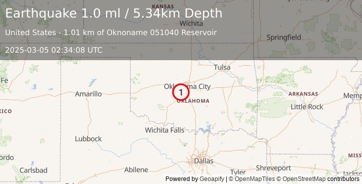 Earthquake 3 km SE of Tuttle, Oklahoma (1.0 ml) (2025-03-05 02:34:08 UTC)