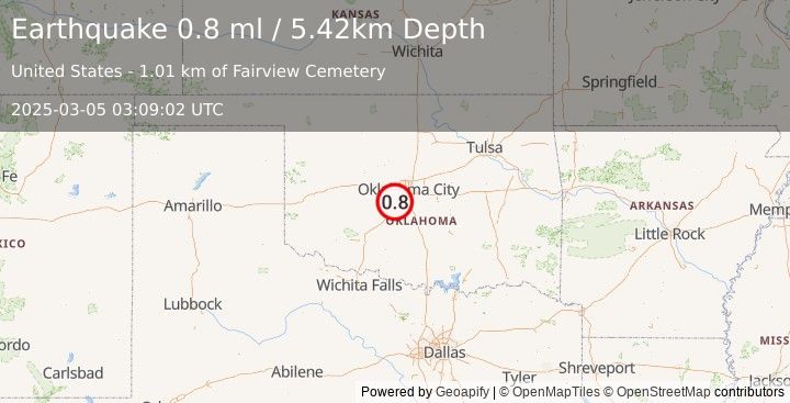 Earthquake 3 km SE of Tuttle, Oklahoma (0.8 ml) (2025-03-05 03:09:02 UTC)