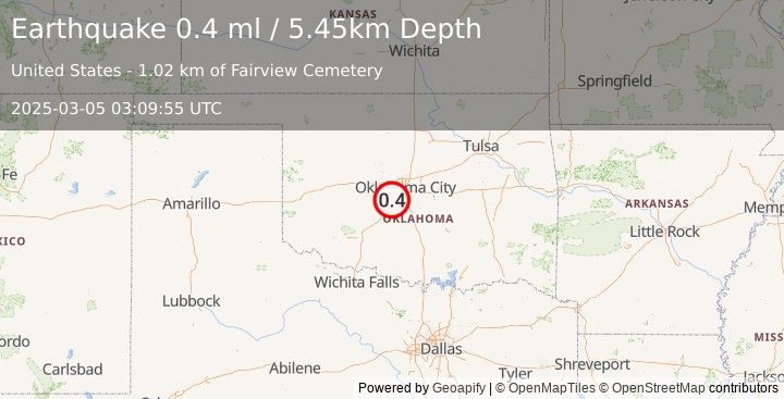 Earthquake 3 km SE of Tuttle, Oklahoma (0.4 ml) (2025-03-05 03:09:55 UTC)