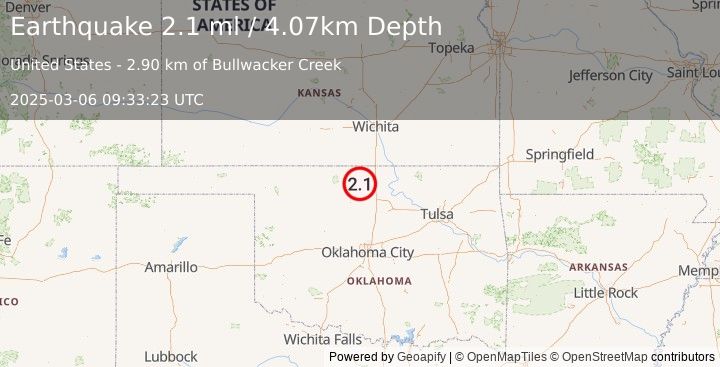 Earthquake 10 km ESE of Jefferson, Oklahoma (2.1 ml) (2025-03-06 09:33:24 UTC)