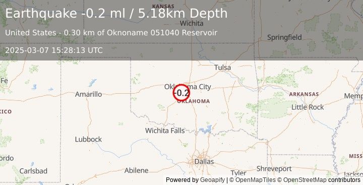 Earthquake 4 km SE of Tuttle, Oklahoma (-0.2 ml) (2025-03-07 15:28:13 UTC)