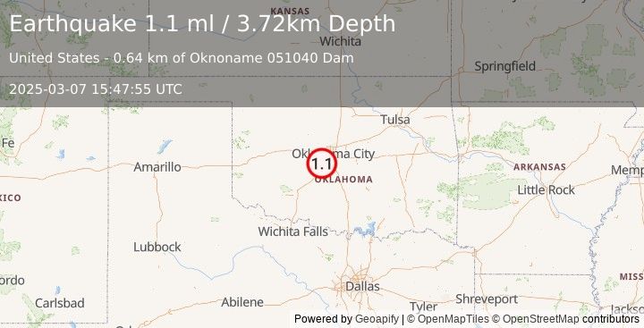 Earthquake 3 km SSE of Tuttle, Oklahoma (1.1 ml) (2025-03-07 15:47:55 UTC)