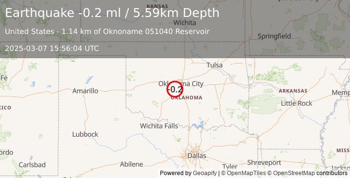 Earthquake 3 km SE of Tuttle, Oklahoma (-0.2 ml) (2025-03-07 15:56:04 UTC)