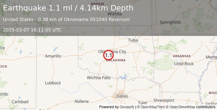 Earthquake 3 km SE of Tuttle, Oklahoma (1.1 ml) (2025-03-07 16:11:05 UTC)