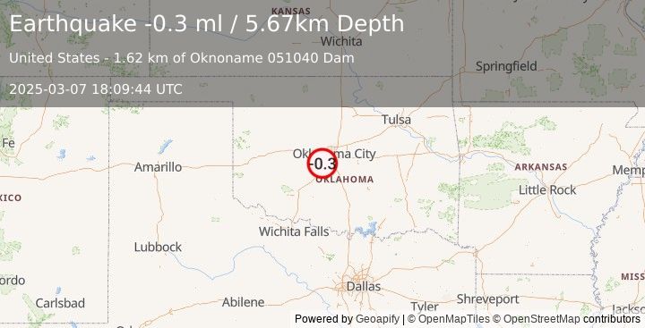 Earthquake 3 km SSE of Tuttle, Oklahoma (-0.3 ml) (2025-03-07 18:09:44 UTC)