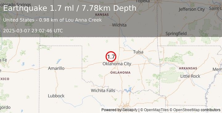 Earthquake 2 km N of Kingfisher, Oklahoma (1.7 ml) (2025-03-07 23:02:46 UTC)