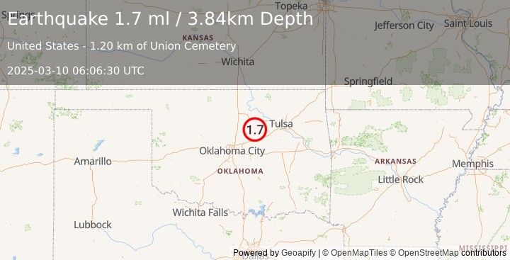 Earthquake 3 km W of Cushing, Oklahoma (1.7 ml) (2025-03-10 06:06:30 UTC)