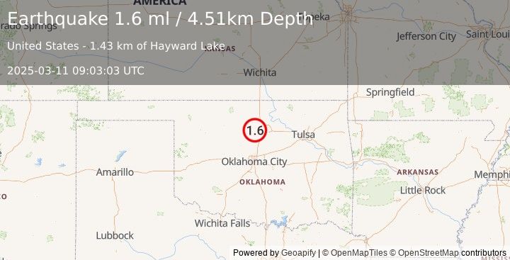 Earthquake 3 km WSW of Lucien, Oklahoma (1.6 ml) (2025-03-11 09:03:03 UTC)