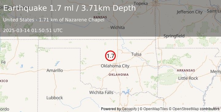 Earthquake 8 km SE of Hennessey, Oklahoma (1.7 ml) (2025-03-14 01:50:51 UTC)