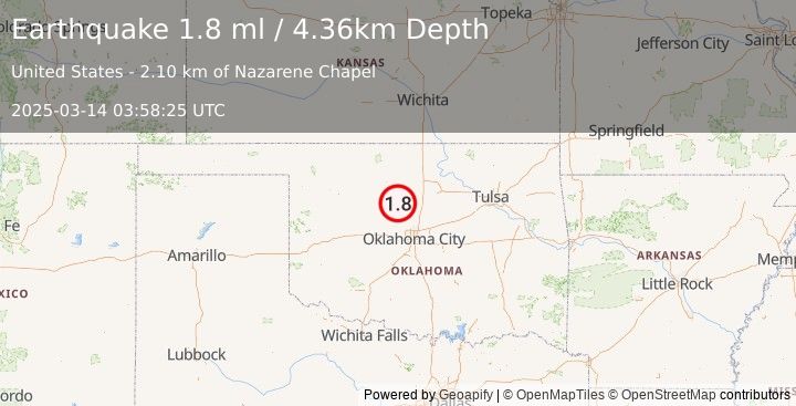 Earthquake 8 km SE of Hennessey, Oklahoma (1.8 ml) (2025-03-14 03:58:25 UTC)