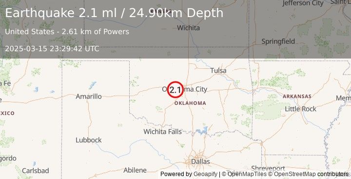 Earthquake 7 km NNE of Union City, Oklahoma (2.1 ml) (2025-03-15 23:29:42 UTC)