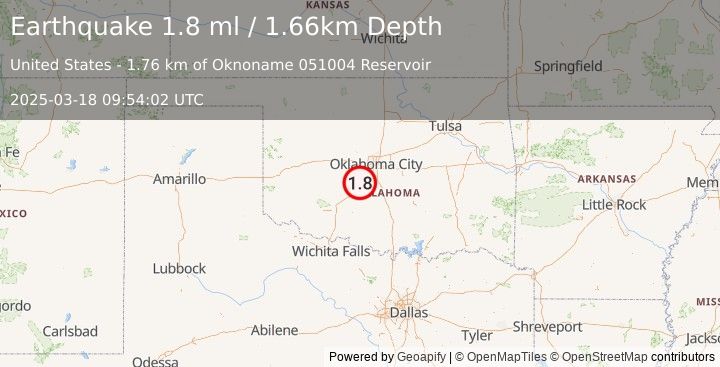 Earthquake 4 km SSE of Amber, Oklahoma (1.8 ml) (2025-03-18 09:54:02 UTC)