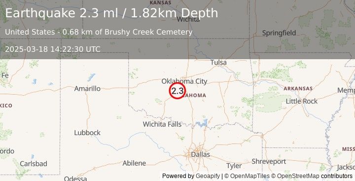 Earthquake 6 km ESE of Amber, Oklahoma (2.3 ml) (2025-03-18 14:22:30 UTC)