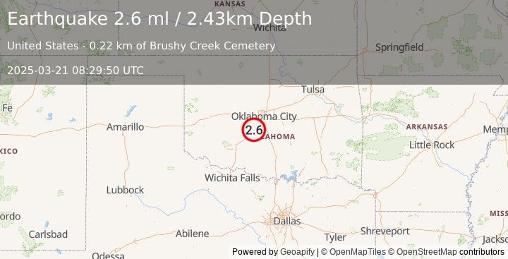 Earthquake 5 km ESE of Amber, Oklahoma (2.6 ml) (2025-03-21 08:29:50 UTC)