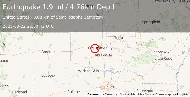 Earthquake 3 km NNW of Union City, Oklahoma (1.9 ml) (2025-03-22 22:30:42 UTC)