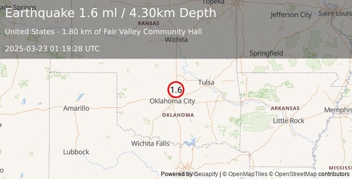 Earthquake 6 km E of Guthrie, Oklahoma (1.6 ml) (2025-03-23 01:19:28 UTC)