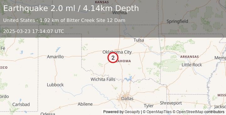 Earthquake 7 km E of Amber, Oklahoma (2.0 ml) (2025-03-23 17:14:07 UTC)