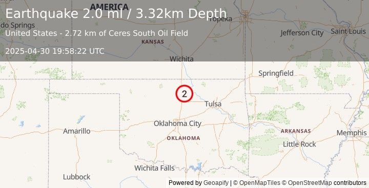 Earthquake 4 km NW of Red Rock, Oklahoma (2.0 ml) (2025-04-30 19:58:22 UTC)